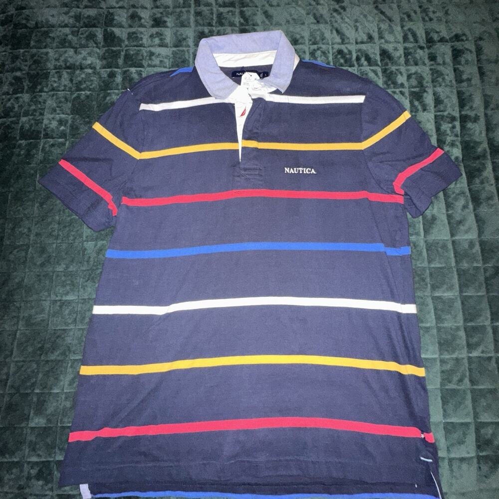Nautica Men's L Polo‎ Shirt 100% Cotton Striped Navy Multi-Color Size Medium NWT